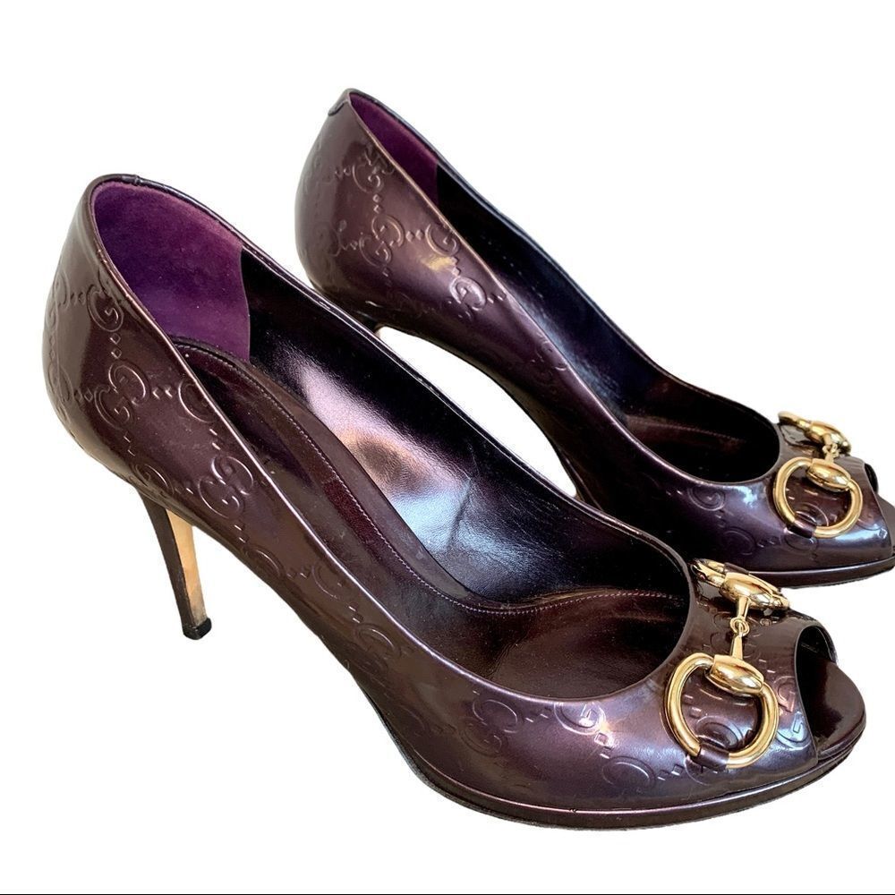 Gucci Purple Patent Leather Guccissima Horsebit Open Peep Toe Pump Heels Sz 38